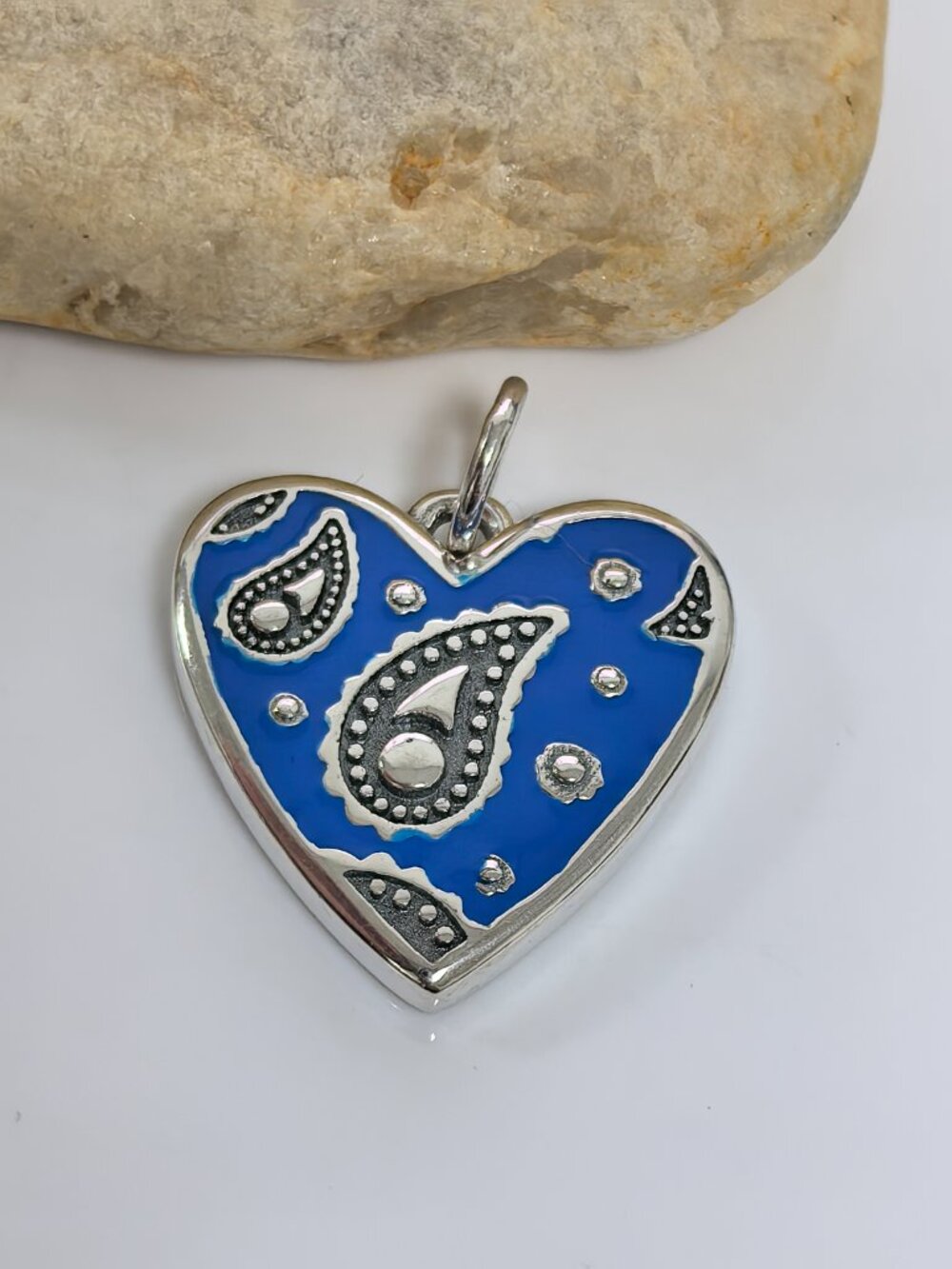 James Avery Enamel Western Bandana Heart Charm (Blue), S925 Silver Jewelry